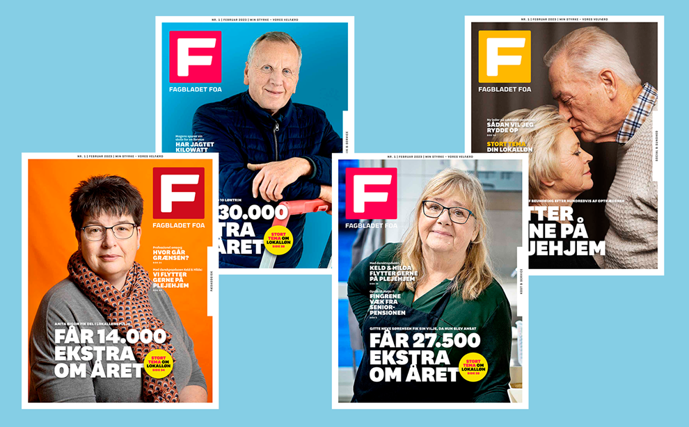 Forsider af alle fire versioner af Fagbladet FOA nr. 1/2023