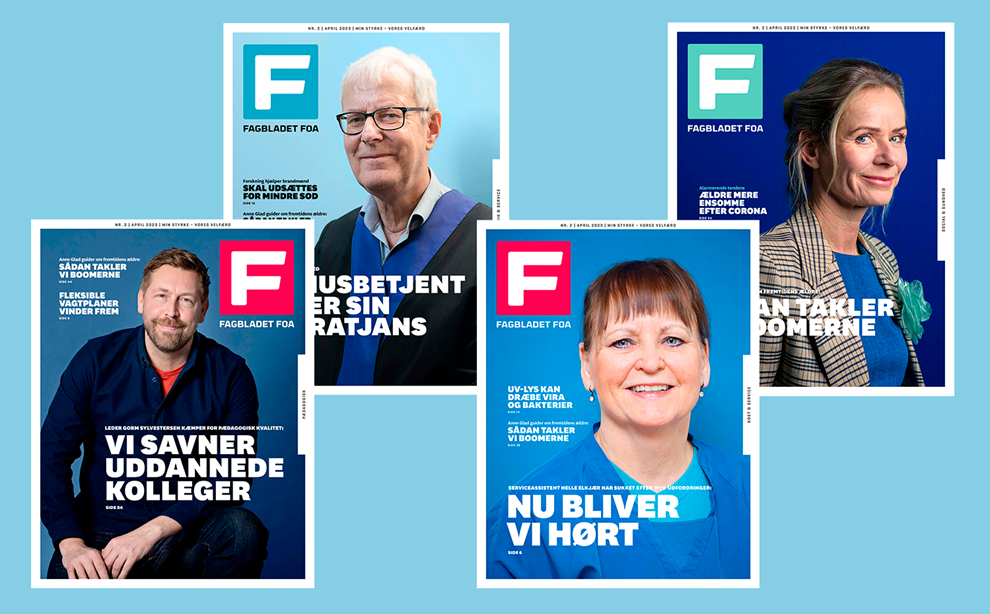alle 4 forsider til Fagbladet FOA nr. 2/2023