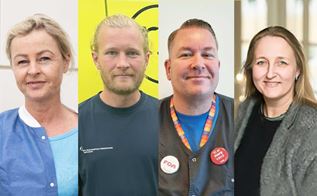 Collage af tr'erne Friederikke Larsen, Nikolaj Husted, Dennis Blom Hansen og Tine Thordén til artikel om FOAs hvervekampagne