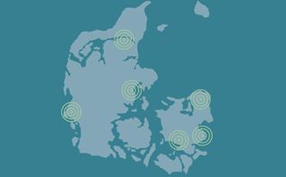 Danmarkskort med markering af de seks demensvenlige kommuner.