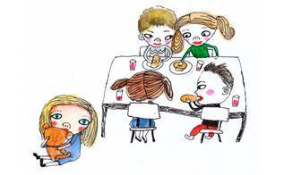 Illustration af fire børn der sidder ved et bord, mens en pige sidder for sig selv væk fra de andre