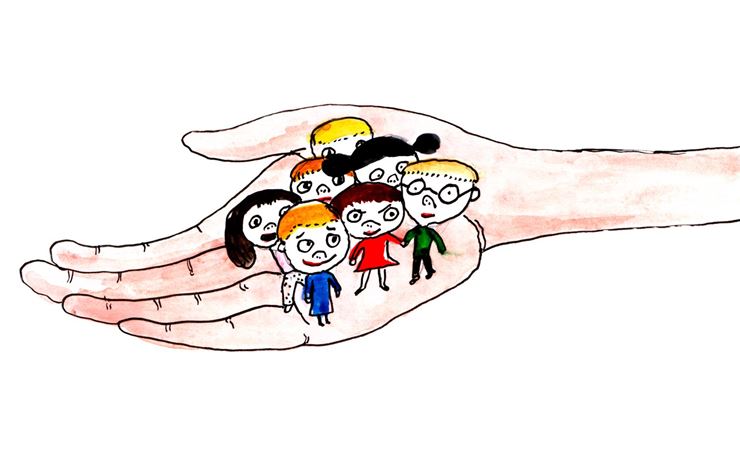 En illustration der viser en hånd, hvori der står 7 små børn i en gruppe