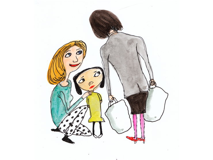 En illustration der viser to børn der henholdsvis står ved siden af og sidder ved siden af en lille pige
