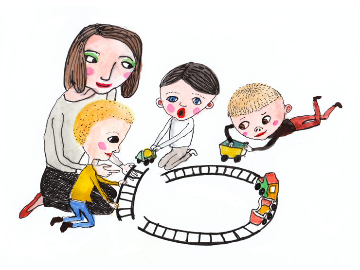 En illustration der viser tre børn der leger med en legetøjs jernbane og tog, mens en voksen sidder sammen med dem