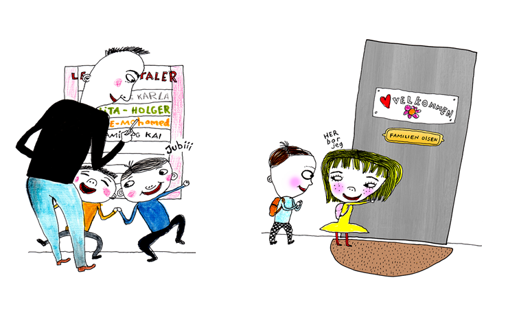 To illustrationer. Til venstre ses to børn sammen med en voksen foran en tavle med navnet "legeaftaler. Til højre ses to børn foran en husdør