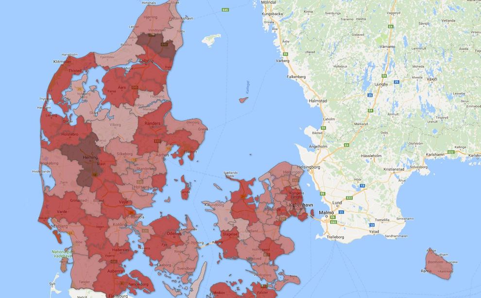 Danmarkskort med forskelligt farvede kommuner