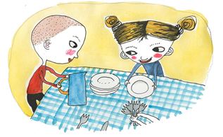 En illustration der viser to børn, som sidder rundt om hjørnet på et bord og sætter service frem