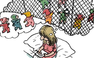 Animeret billede. Pige sidder på sin seng og skriver på en seddel, mens man ser hvad hun tænker på: en masse børn der klatrer over et hegn.