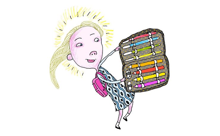 Illustrationer der viser en pige som kigger bagover på hendes store skoletaske, som hun har på ryggen.