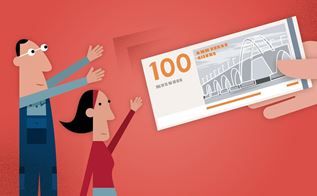 Illustration med en mand og en kvinde, der får rakt en 100-krone-seddel af en hånd.