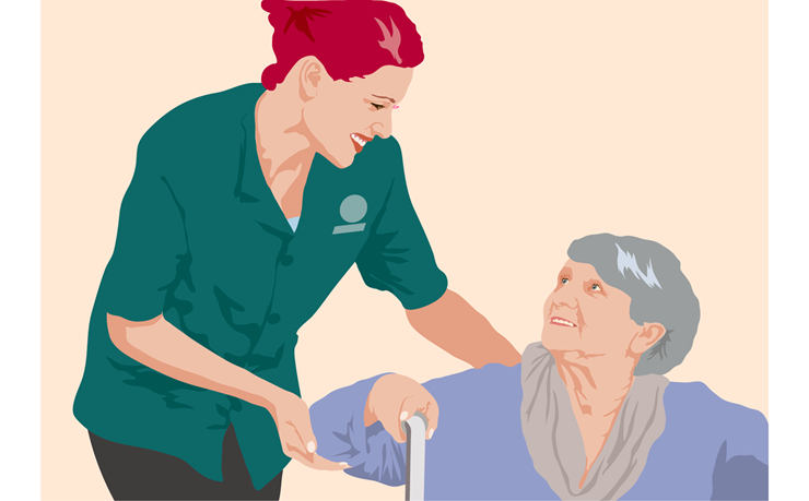 En illustration der viser en kvinde i uniform der står bagved en ældre dame der sidder ned
