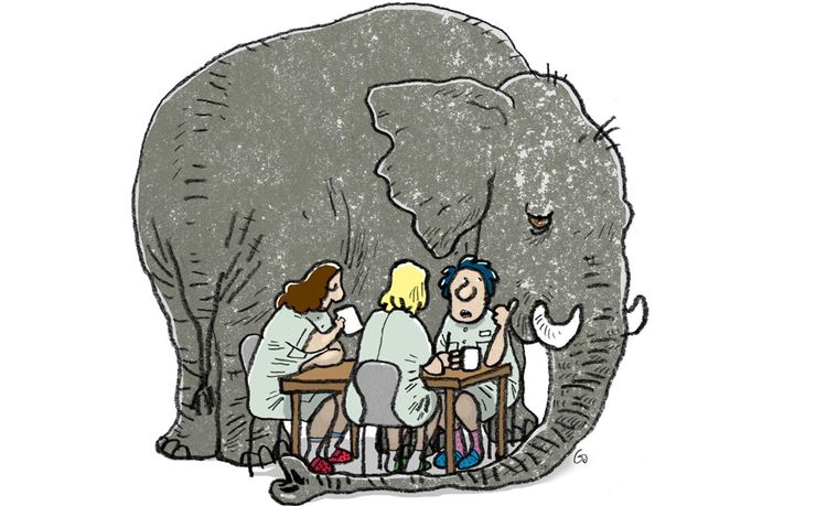 Tegning hvor tre kvinder sidder ved bord med elefant i baggrunden