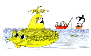 En illustration der viser en ubåd hvorpå der står evaluering som sejler hen mod to både fyldt med børn