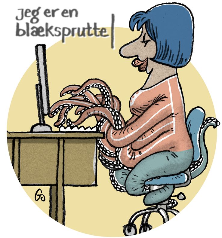 En illustration der viser en kvinde som har blækspruttearme, som hun taster på en computer med