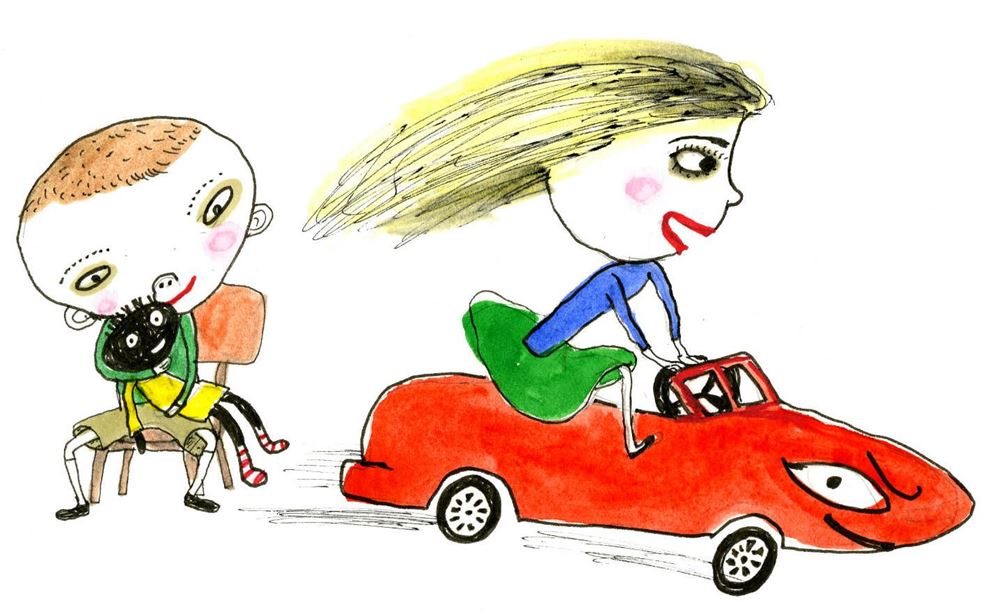 SR illustration af dreng der leger med dukke og piger der kører i bi