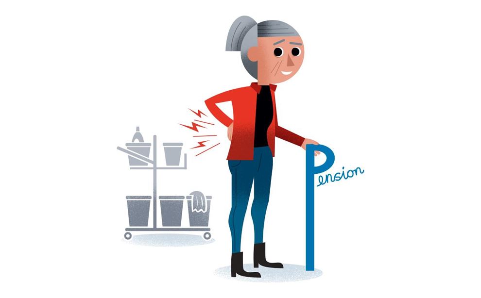 En illustration der viser en ældre kvinder der læner sig op af et stor p-bogstav