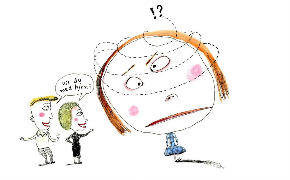 Illustration af forældre og forvirret barn