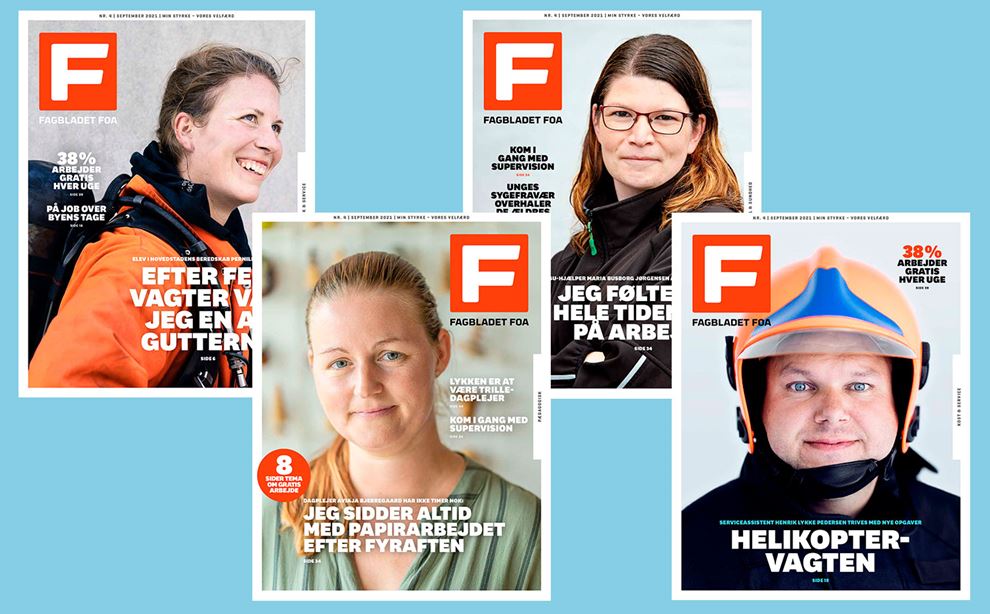 Alle 4 forsider af det trykte Fagbladet FOA nr. 4/2021