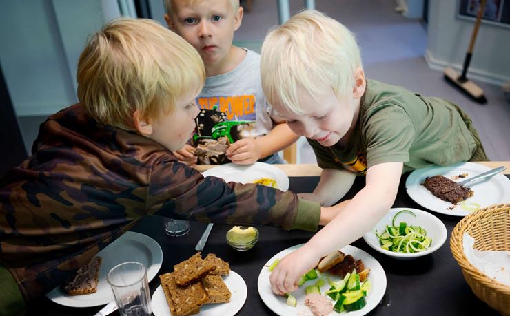 Børn sidder ved frokosten, hvor tallerknerne er fyldt med grønne fristelser 